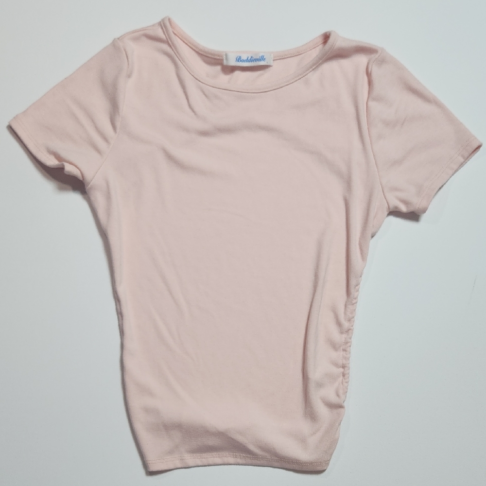 Baddieville Pink Ruched Side Crop Top Women’s Large